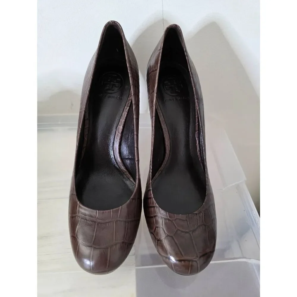 $278 Tory Burch US 10M Brown Croc Embossed Leather Pumps Wood Platform Heel